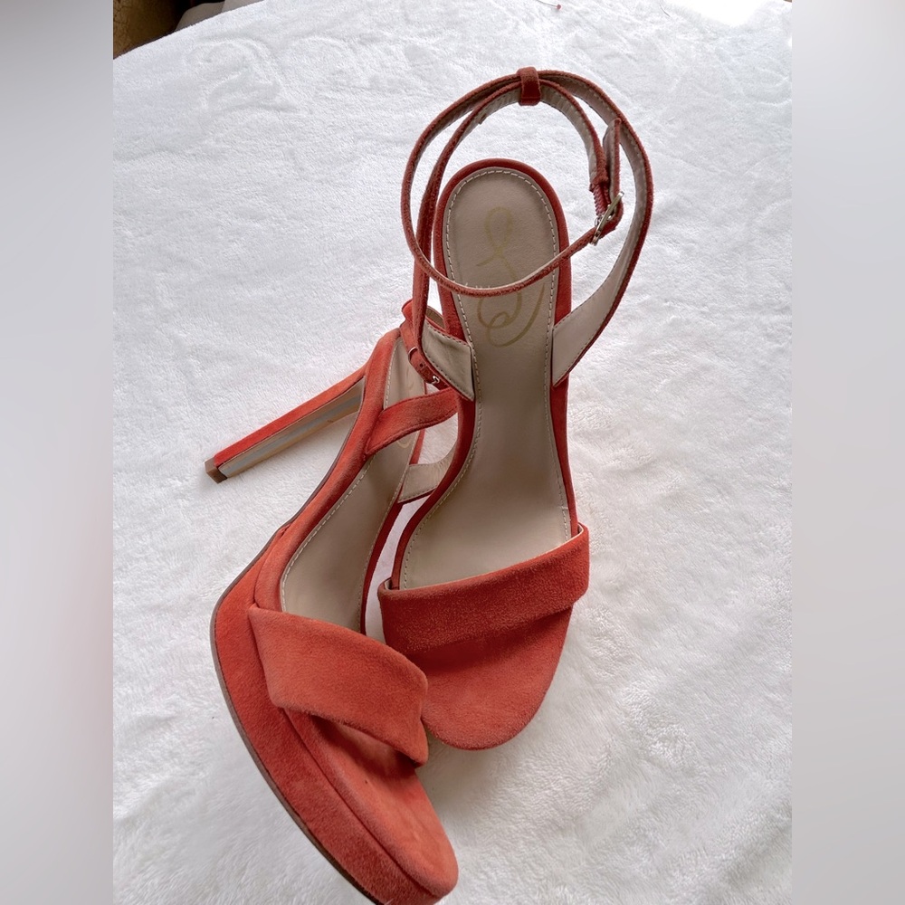 Sam Edelman Jade Bright Poppy Stiletto Ankle-strap Suede Leather Sandal Sz 7.5